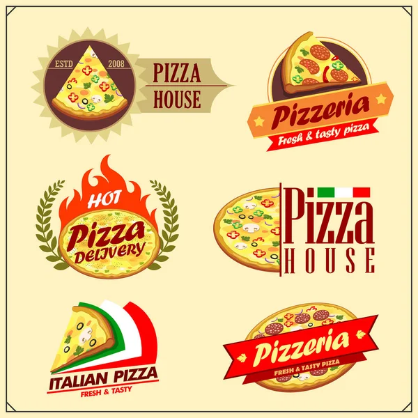 Conjunto Etiquetas Pizza Crachás Ícones Elementos Design Emblemas Para Pizzaria —  Vetores de Stock