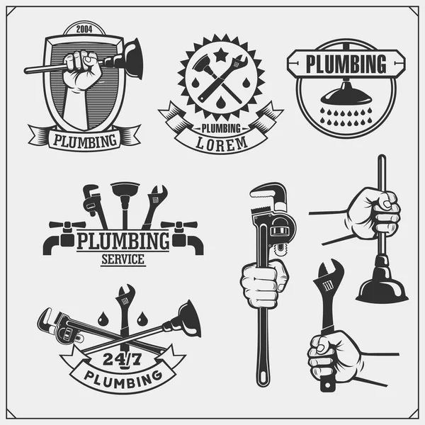 Plumbing Home Renovation Services Emblems Working Tools Logos Template Design — 图库矢量图片