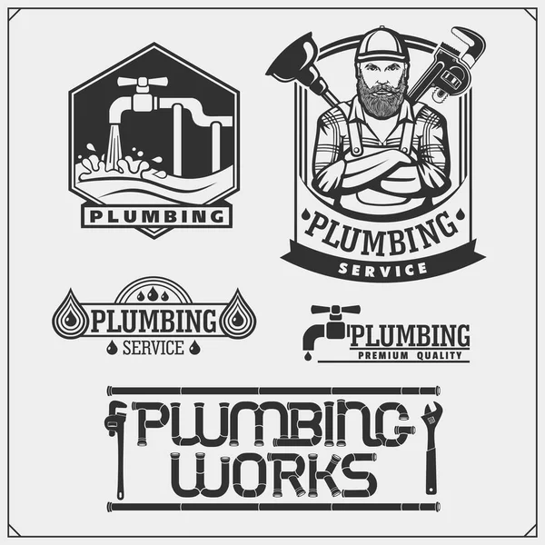 Plumbing Home Renovation Services Emblems Working Tools Logos Template Design — 图库矢量图片