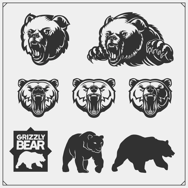 Grizzly Bear Silhuetter Och Illustrationer Etiketter Emblem Och Designelement För — Stock vektor