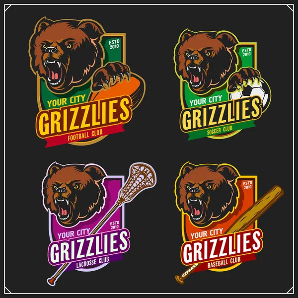 Foci Foci Lacrosse Baseball Logók Feliratok Sport Club Emblémák Grizzly — Stock Vector
