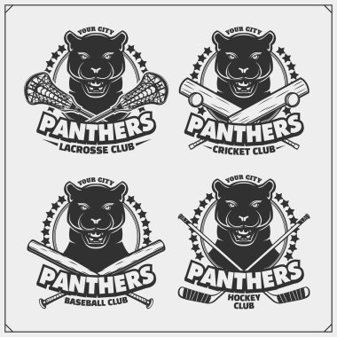 Kriket, Lakros, beyzbol ve hokey logo ve etiketleri. Panter ile spor kulübü Amblemler. T-shirt için baskı tasarımı.
