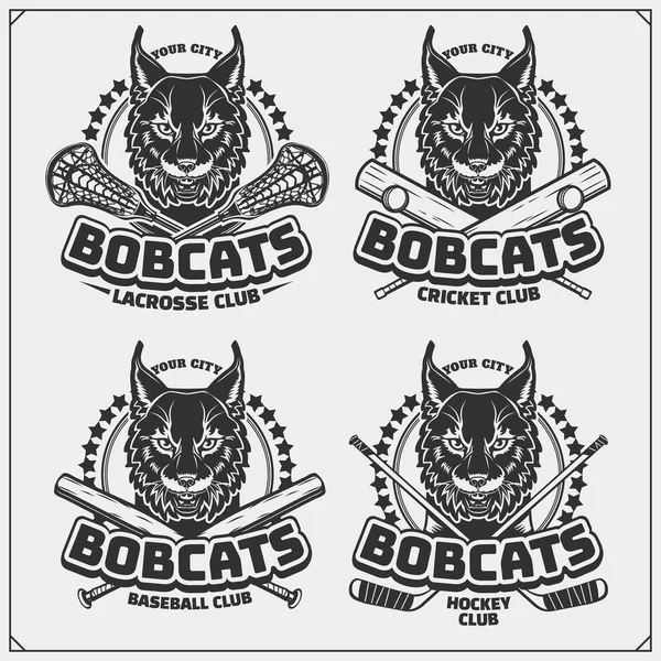 クリケット ラクロス ホッケーのロゴ ラベル ボブキャットとスポーツ クラブのエンブレム シャツのプリント デザイン — ストックベクタ