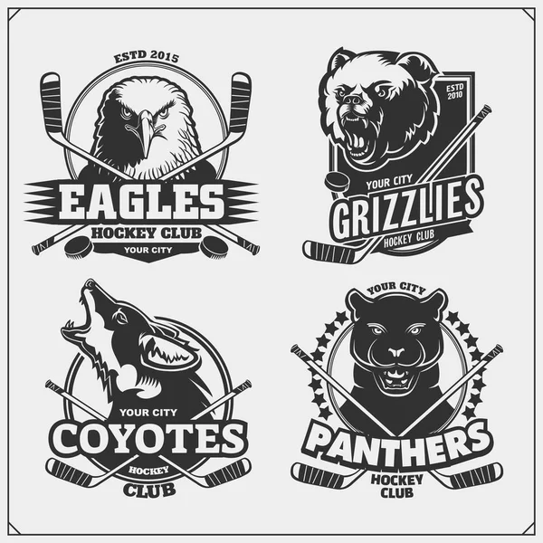 Set Badge Hockey Etichette Elementi Design Emblemi Sportivi Con Orso — Vettoriale Stock