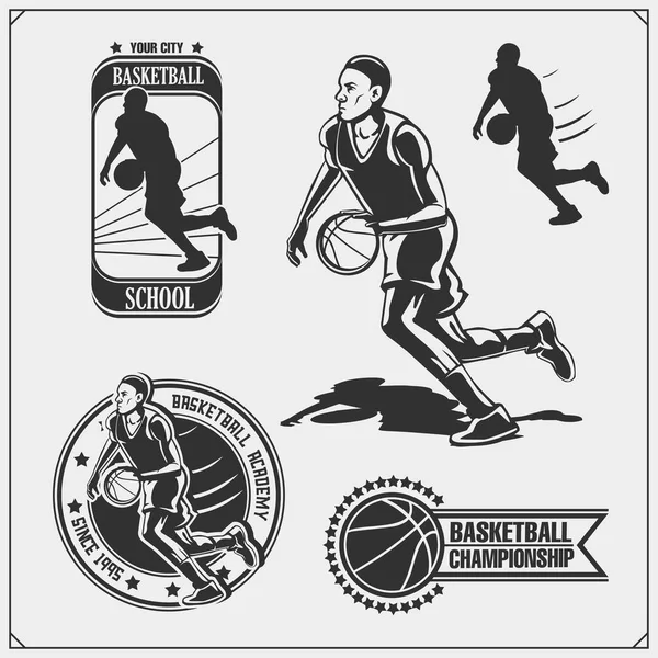 Conjunto Etiquetas Baloncesto Emblemas Insignias Elementos Diseño Diseño Impresión Para — Vector de stock