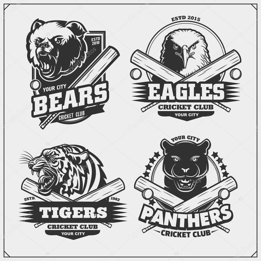 Set of cricket badges, labels and design elements. Sport club emblems with grizzly bear, panther, coyote and eagle. Print design for t-shirts.