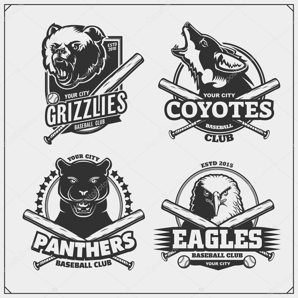 Set of baseball badges, labels and design elements. Sport club emblems with grizzly bear, panther, coyote and eagle. Print design for t-shirts.