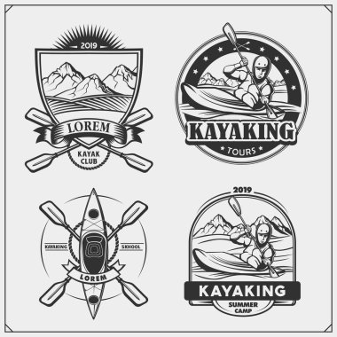 Kayık ve Kano Amblemler, Etiketler, rozetleri ve tasarım öğeleri. Vektör çizim ayarlayın. T-shirtler için baskı tasarımı.