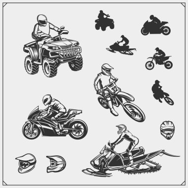 Dizi motor sporları, kar arabası, dört kiralama illüstrasyonlar. Motocross moto deneme, serbest ve yarış biniciler, atlama. T-shirt ve spor kulübü amblem ve dedign öğeleri için baskı tasarımı.