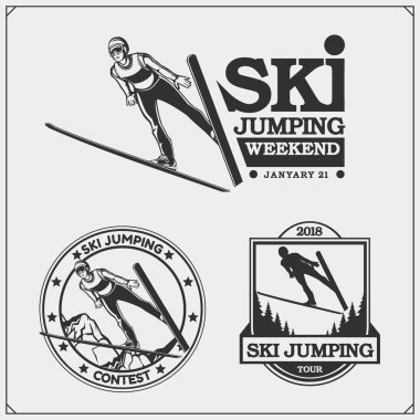 Vektör Kayak atlama amblemleri ayarlayın. Etiketler, rozetleri ve tasarım öğeleri. T-shirt baskı tasarımı. Spor Kulübü Amblemler.