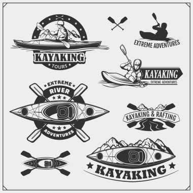 Kayık ve Kano Amblemler, Etiketler, rozetleri ve tasarım öğeleri. Vektör çizim ayarlayın. T-shirtler için baskı tasarımı.