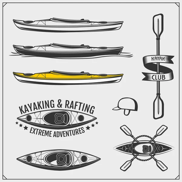 Kayak Canoa Emblemas Rótulos Emblemas Elementos Design Ilustração Conjunto Vetorial —  Vetores de Stock