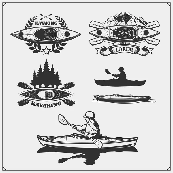 Kayak Canoa Emblemas Rótulos Emblemas Elementos Design Ilustração Conjunto Vetorial — Vetor de Stock