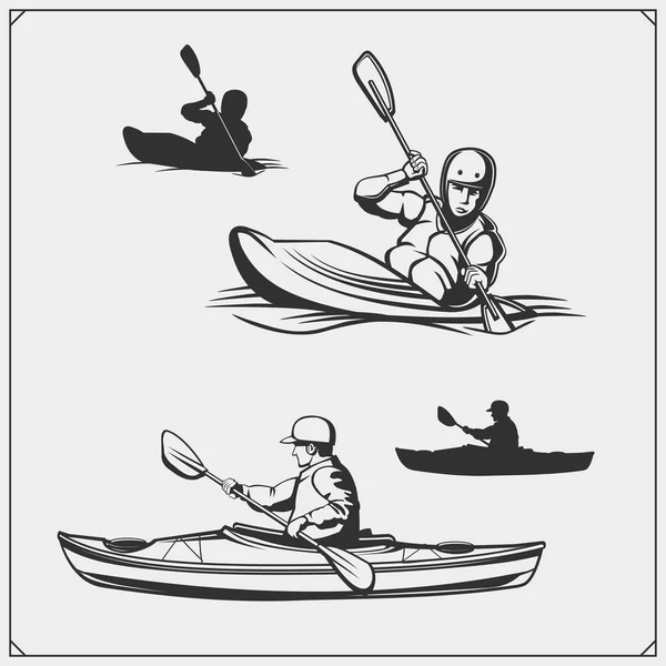 Kayak Canoa Emblemas Rótulos Emblemas Elementos Design Ilustração Conjunto Vetorial — Vetor de Stock