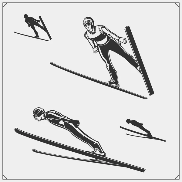 スキー ジャンプのエンブレムのベクトルを設定します ラベル バッジおよびデザイン要素 シャツのデザインを印刷します スポーツ クラブのエンブレム — ストックベクタ