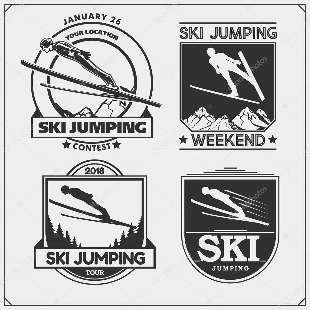 Vector set of Ski jumping emblems. labels, badges and design elements. Print design for t-shirt. Sport club emblems.