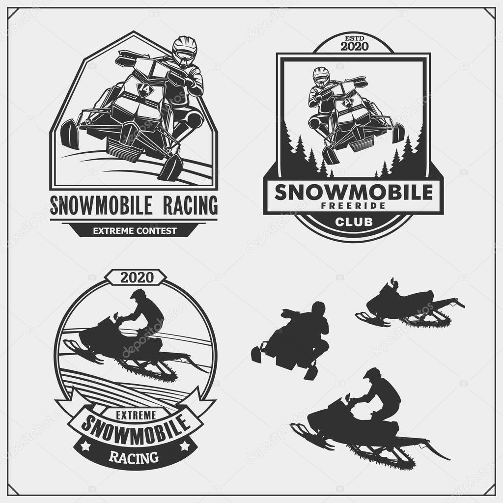 Snowmobile emblems, labels, badges and design elements. Print design for t-shirt and sport club emblems.