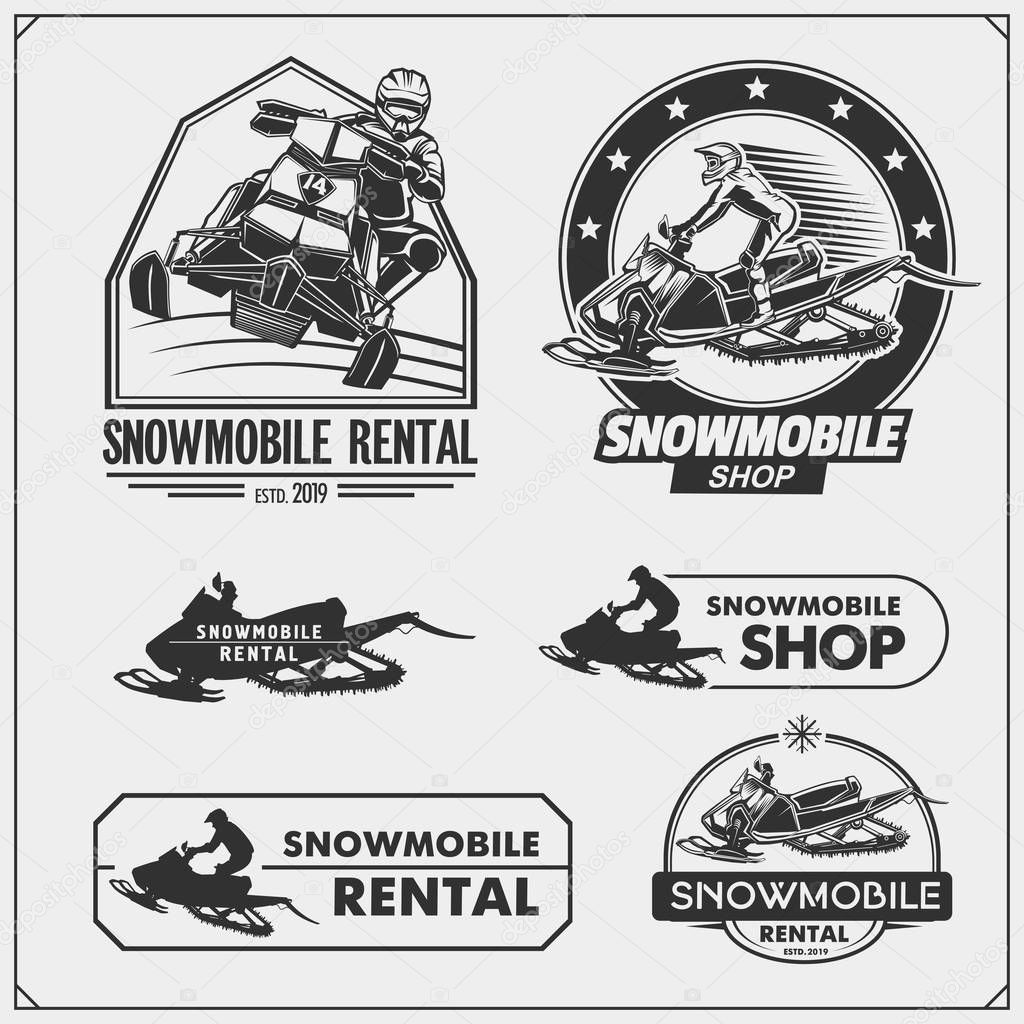 Snowmobile emblems, labels, badges and design elements. Print design for t-shirt and sport club emblems.