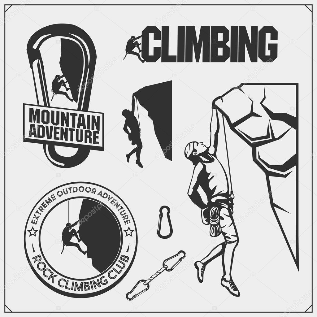 Set of mountain climbing labels, emblems and design elements. Vector monochrome illustration.