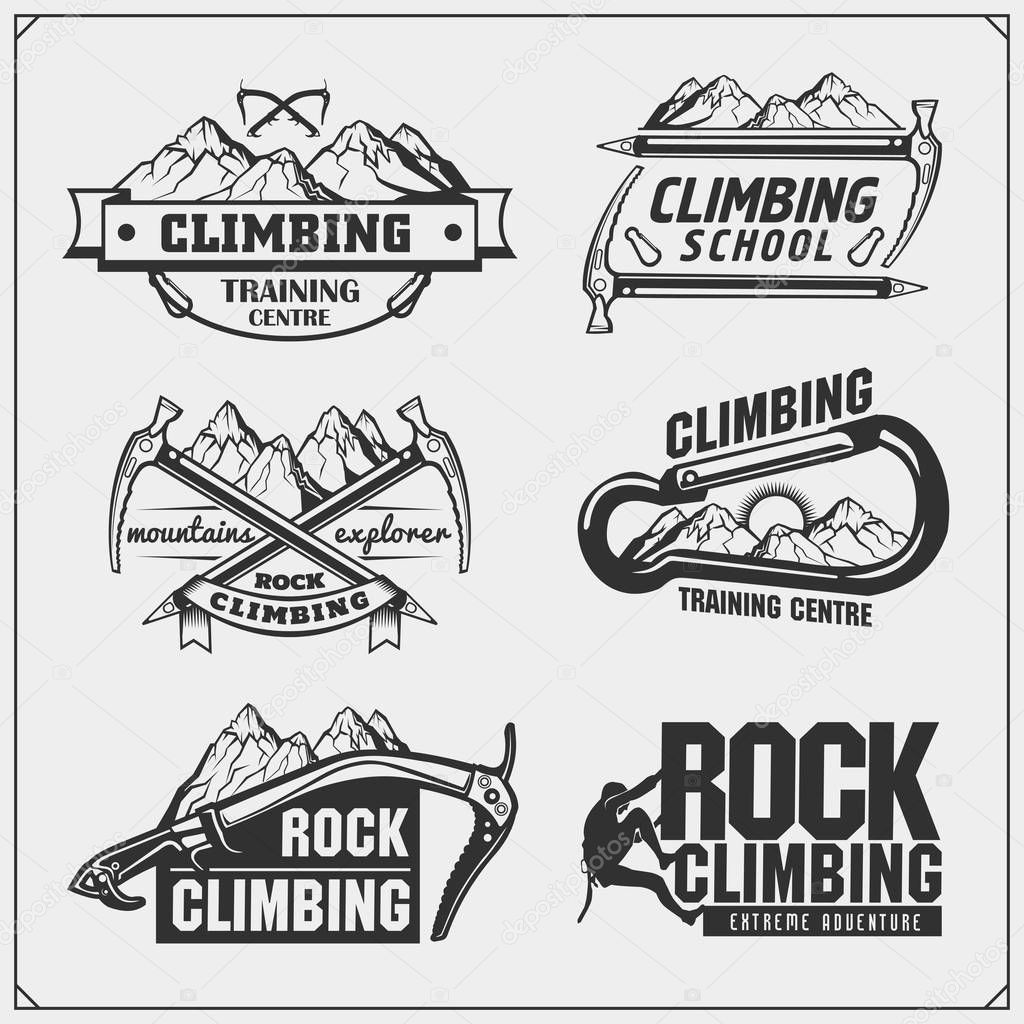 Set of mountain climbing labels, emblems and design elements. Vector monochrome illustration.