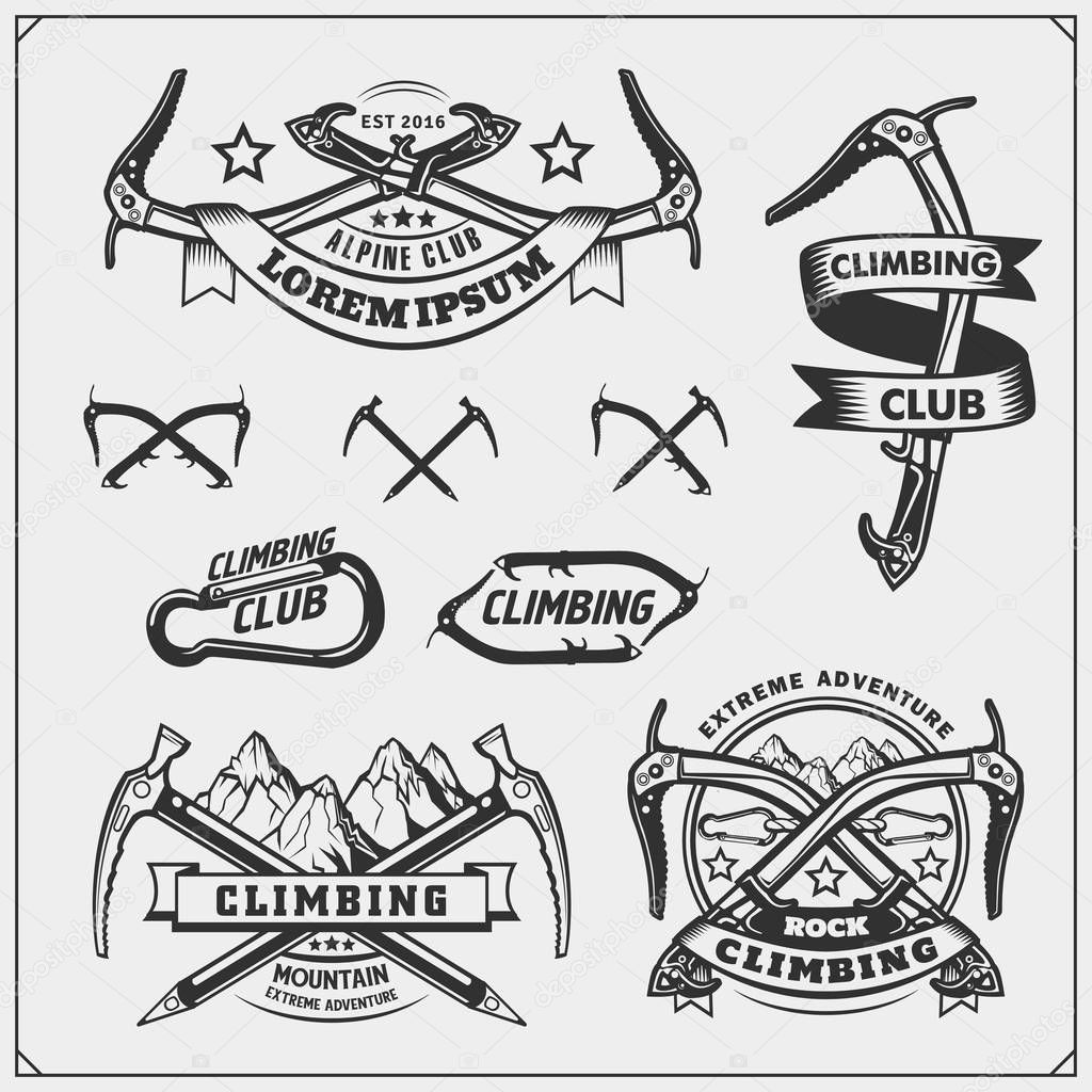 Set of mountain climbing labels, emblems and design elements. Vector monochrome illustration.
