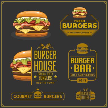 Fast food menüsü. Burger amblemler, etiketler ve tasarım öğeleri. Burger house logo tasarım şablonu.