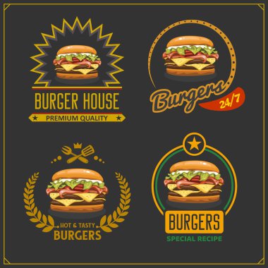 Fast food menu. Burger emblems, labels and design elements. Burger house logo design template. clipart