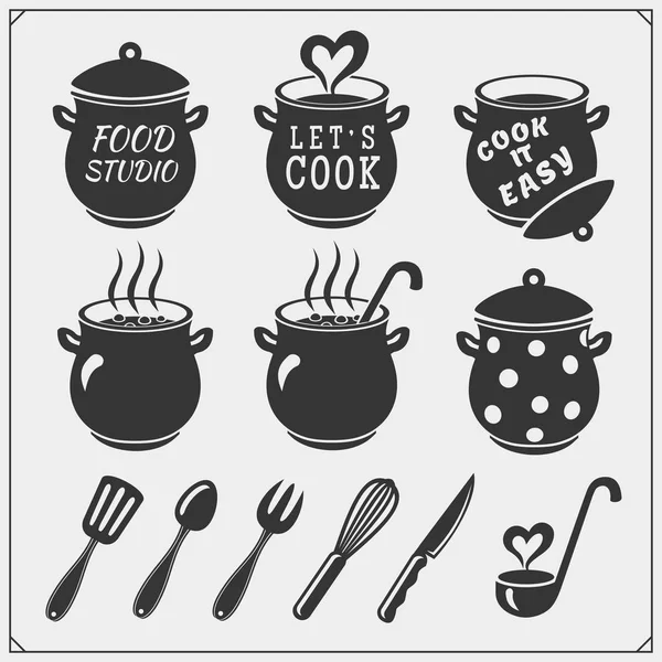 Conjunto Emblemas Estudio Comida Vintage Etiquetas Elementos Diseño Clases Cocina — Vector de stock