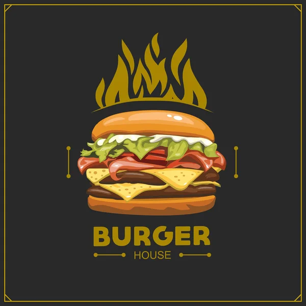 Menu Fast Food Burger Emblema Etiqueta Burger Casa Logotipo Modelo —  Vetores de Stock