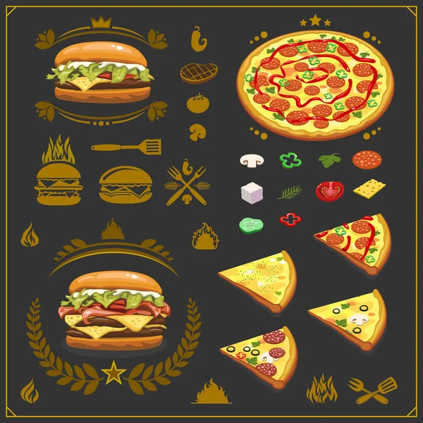 Burger Pizza Emblemas Churrasco Rótulos Elementos Design Fast Food Restaurante —  Vetores de Stock
