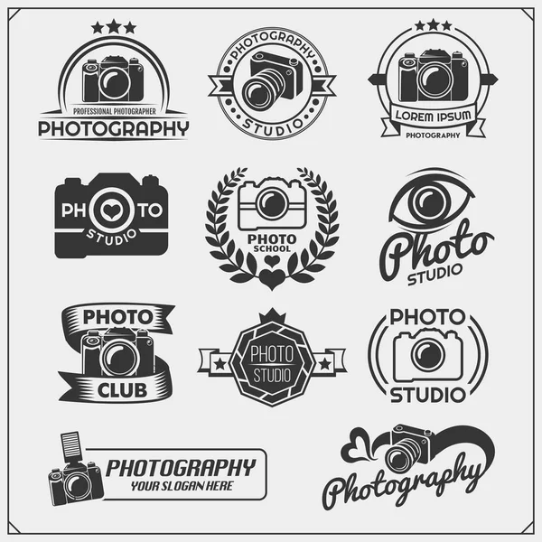 Conjunto Estúdio Fotos Emblemas Scool Foto Rótulos Elementos Design Ilustração —  Vetores de Stock