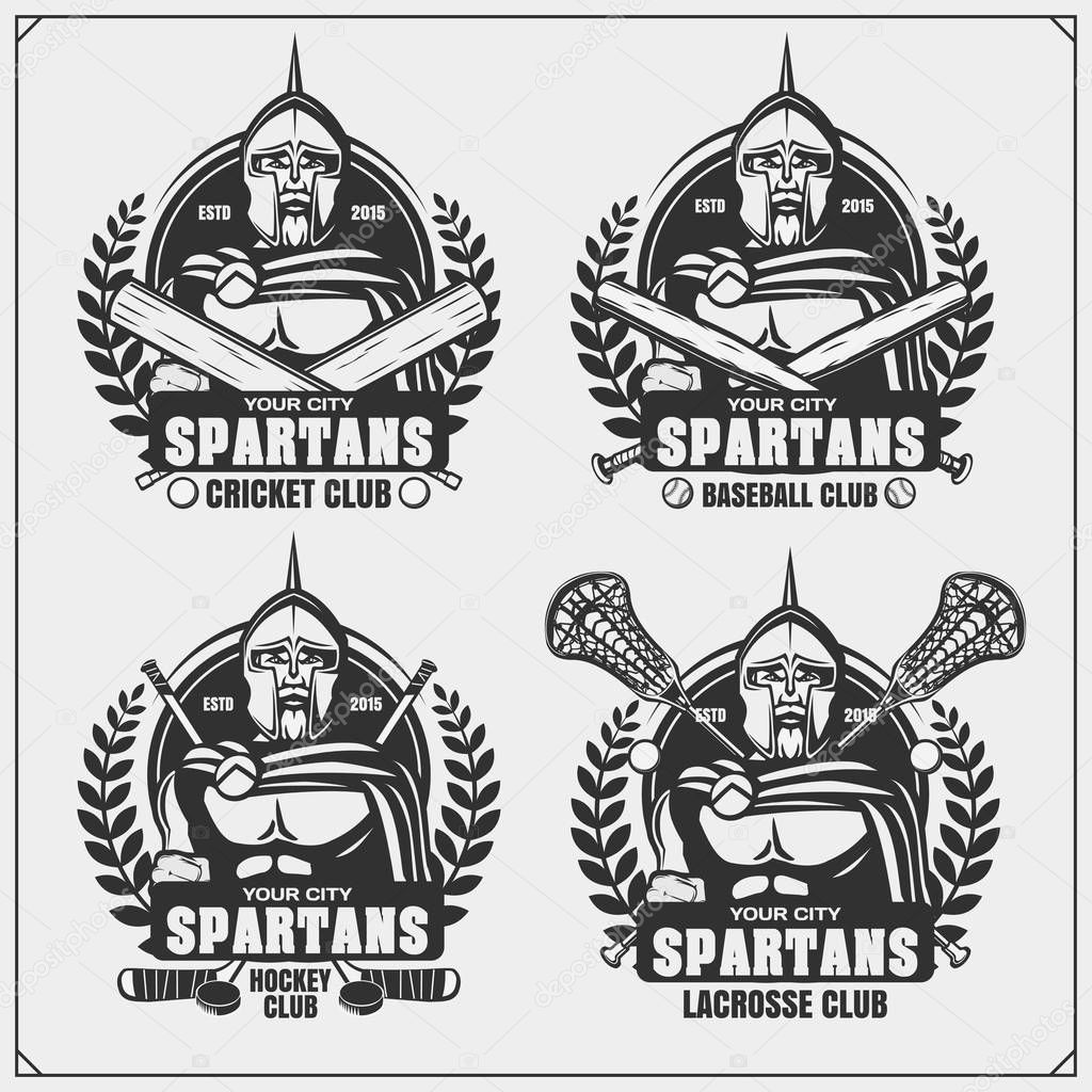 Cricket, baseball, lacrosse and hockey logos and labels. Sport club emblems with spartans. Print design for t-shirt.