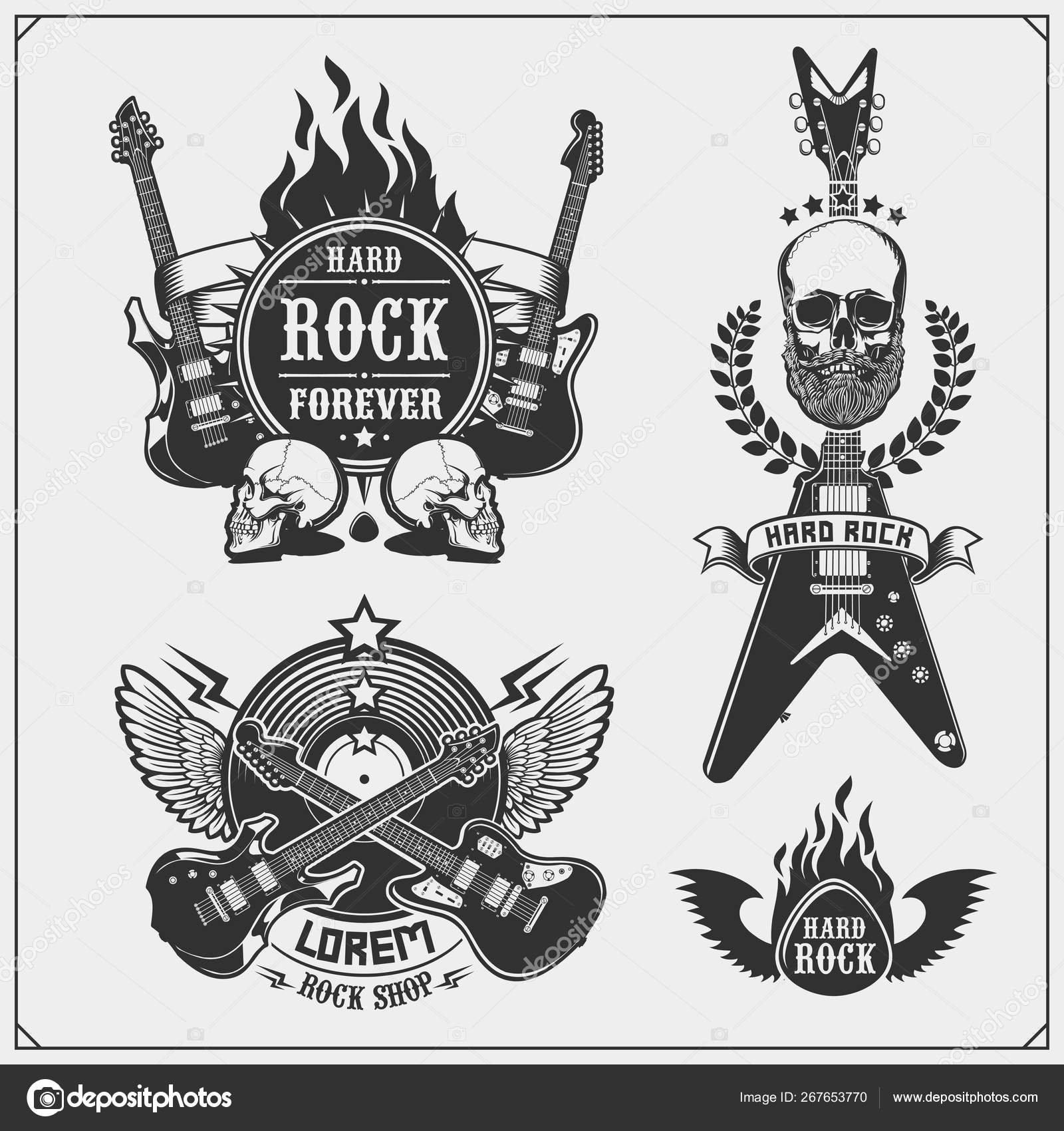 Rock Roll Music Symbols Labels Logos Design Elements Print Design Stock Vector C Malashkos 267653770