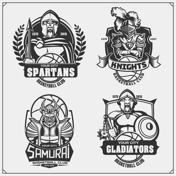 Set Basketball Labels Emblems Badges Ancient Warriors Print Design Shirt — Stock Vector
