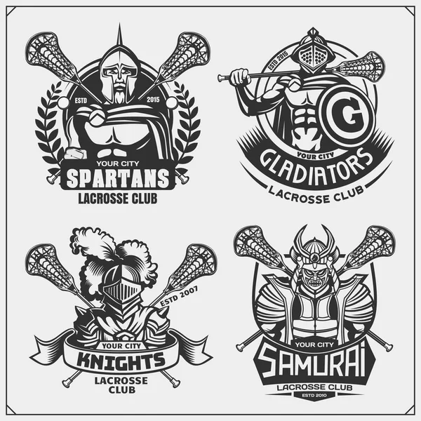 Lacrosse Club Emblemi Con Antichi Guerrieri Design Stampa Shirt — Vettoriale Stock