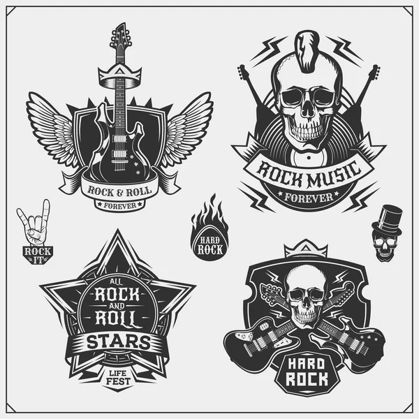 Rock Roll Musiksymbole Etiketten Logos Und Designelemente Printdesign Für Shirts — Stockvektor