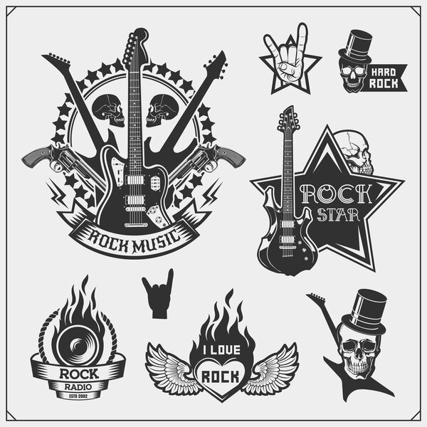 Rock'n'Roll music symbols, labels, logos and design elements. Print design for t-shirts.