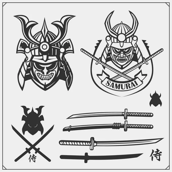 Set Van Samurai Warrior Maskers Armor Wapen Japanse Krijger Emblemen — Stockvector