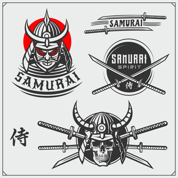 Samuray Savaşçı Maskeleri Zırh Silah Seti Japon Savaşçı Amblemler Etiketler — Stok Vektör