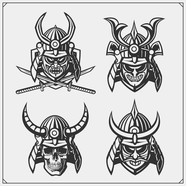 Conjunto Máscaras Guerreiros Samurais Emblemas Guerreiros Japoneses Rótulos Emblemas Elementos — Vetor de Stock