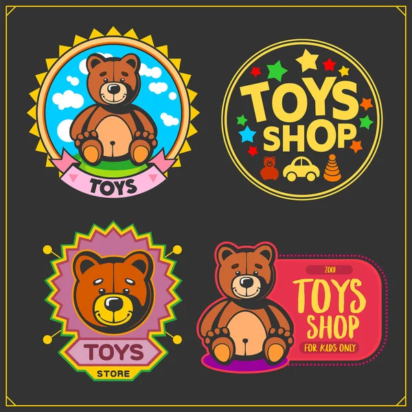 Brinquedos Loja Crianças Emblemas Zona Rótulos Elementos Design Bonito Macio —  Vetores de Stock