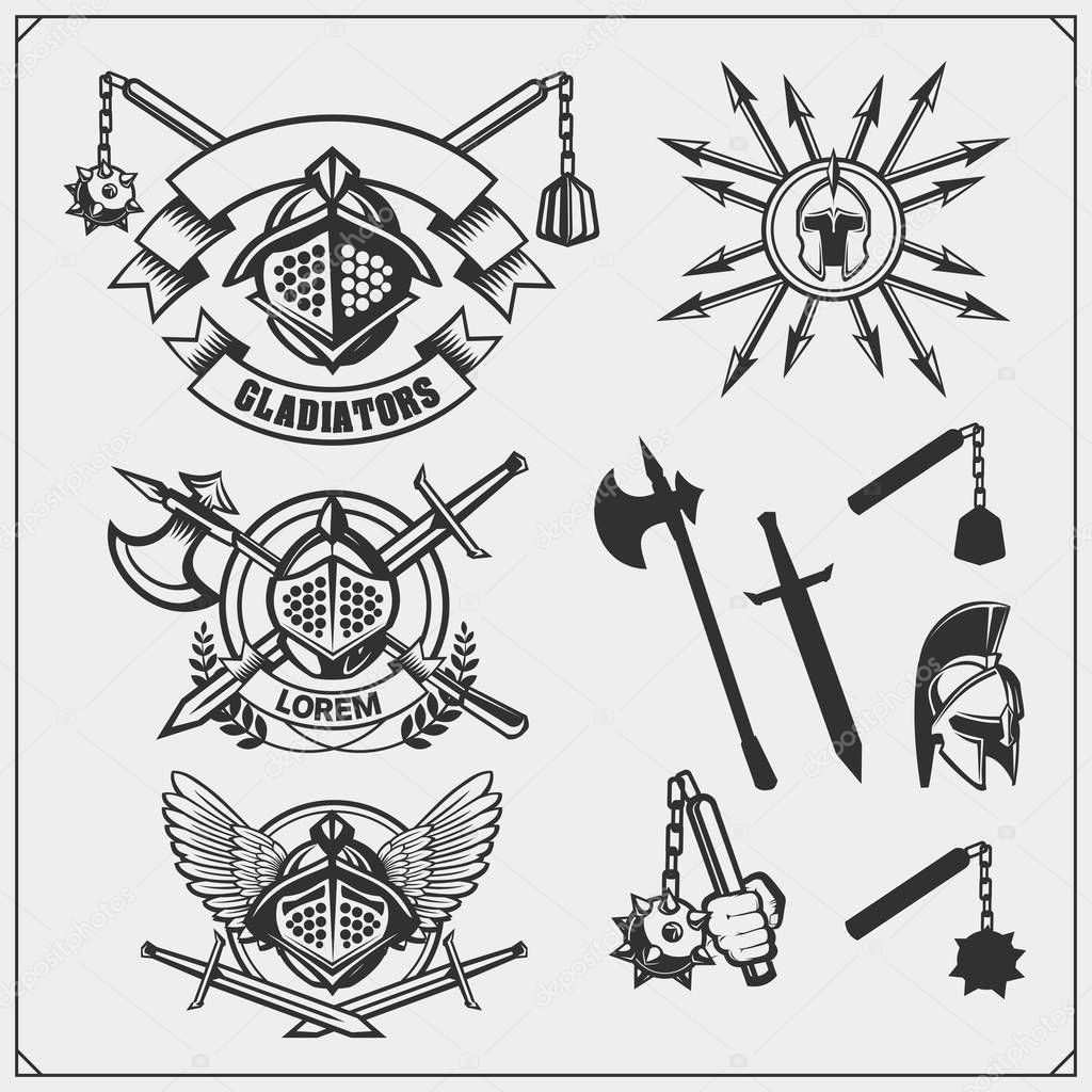 Set of ancient warrior emblems, labels and design elements. Gladiator and spartan weapon and armour. Print design for t-shirt.