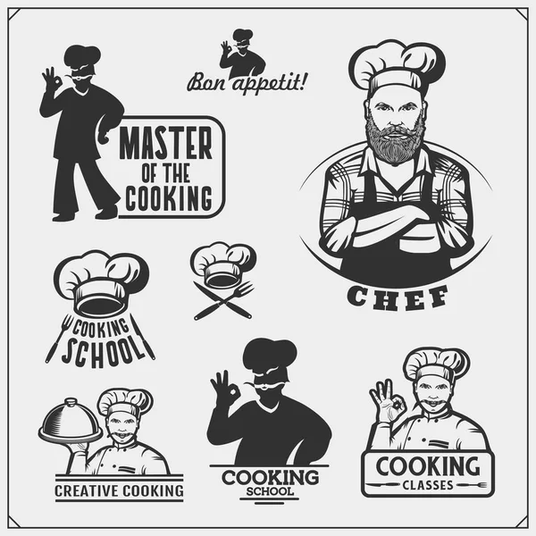 Conjunto Aulas Culinária Com Chef Cozinhar Emblemas Rótulos Elementos Design —  Vetores de Stock