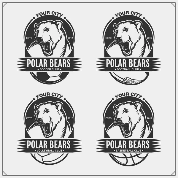 Волейбол Баскетбол Футбольні Логотипи Етикетки Спортивний Клуб Прикрашає Білого Ведмедя — стоковий вектор