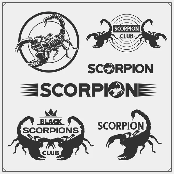 Scorpions Emblem Etiketter Logotyper Och Designelement Silhuetter Skorpion Tryckdesign För — Stock vektor