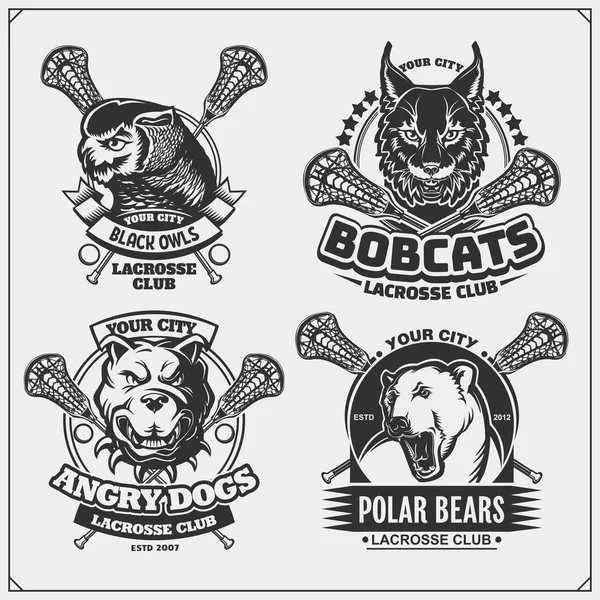 一套跨式徽章 标签和设计元素 运动俱乐部标志与北极熊 坑牛和猫头鹰 恤的打印设计 — 图库矢量图片