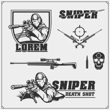 Spor takımı için keskin nişancı amblemleri. Sniper club etiketleri ve tasarım elemanları. T-shirt için baskı tasarımı.