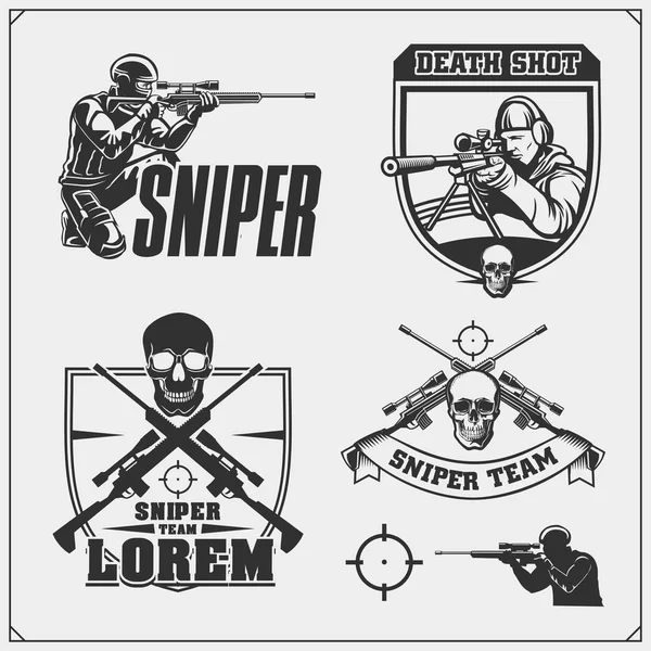 Sniper Emblemas Para Equipa Desportiva Sniper Clube Rótulos Elementos Design — Vetor de Stock