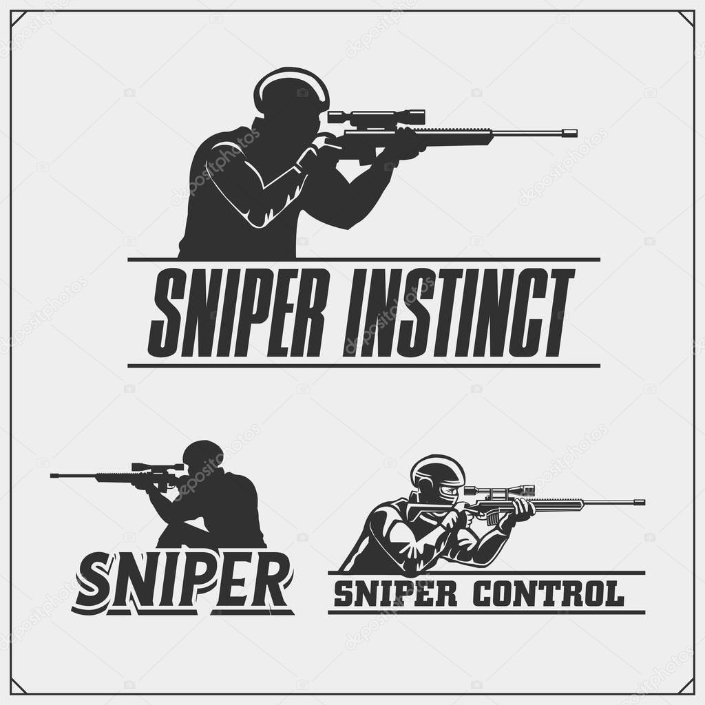 Sniper emblems for sport team. Sniper club labels and design elements. Print design for t-shirt.
