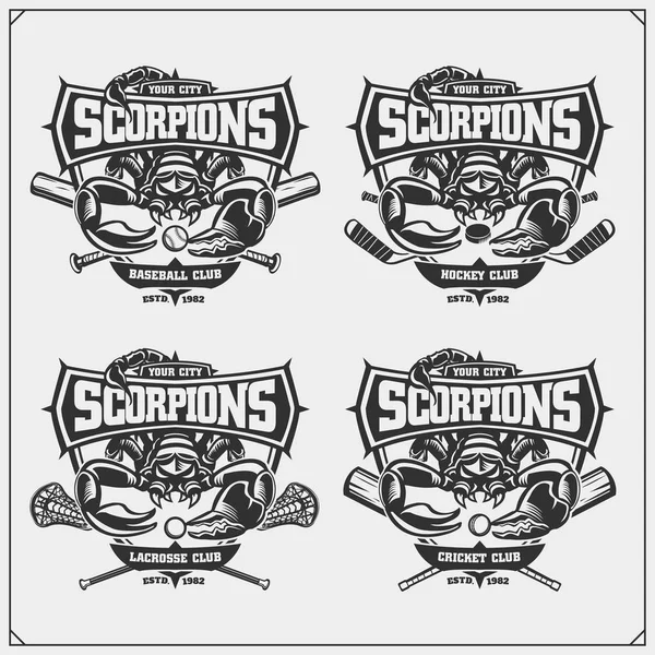 Cricket Baseball Lacrosse Hockey Logos Labels Sport Club Emblems Scorpion — Stock Vector